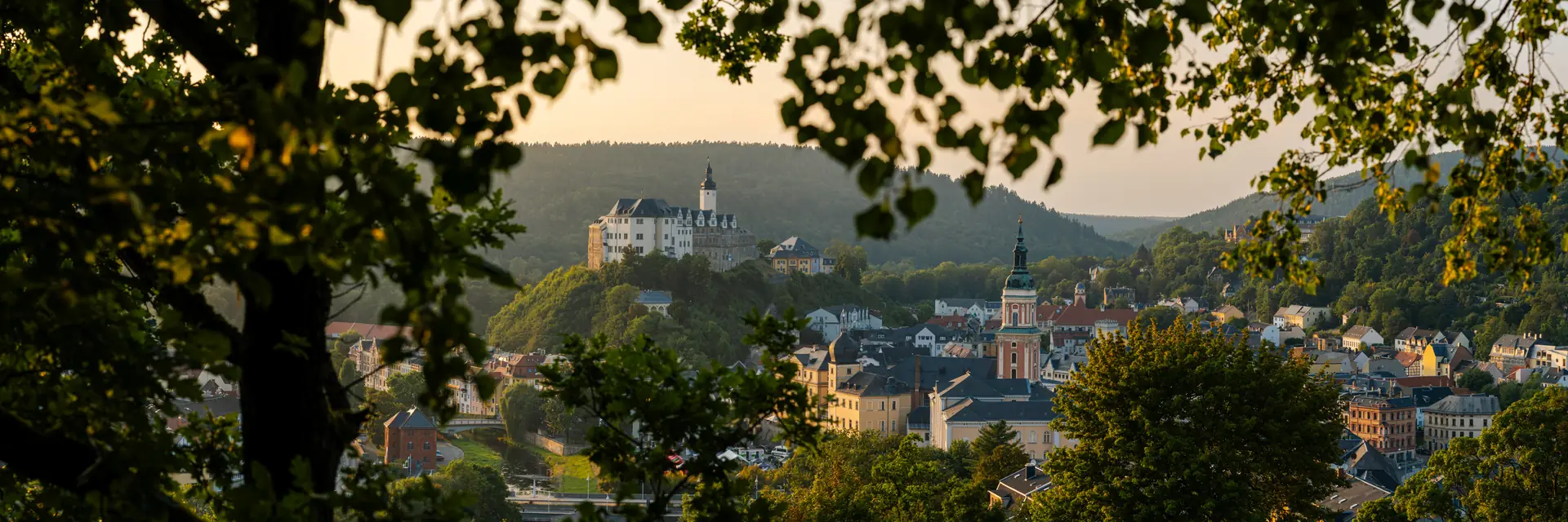 Panorama von Greiz mit dem Oberen Schloss über der Stadt